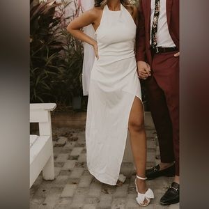 Satin Silk Halter Tie Neck Maxi Formal, Twist Back; medium-large